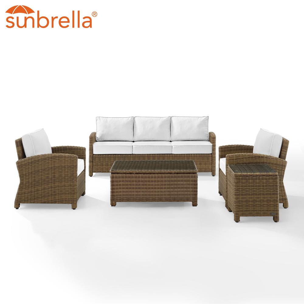 Bradenton 5Pc Outdoor Wicker Sofa Set - Sunbrella White/ Weathered Brown - Sofa, Side Table, Coffee Table, & 2 Armchairs. Picture 8