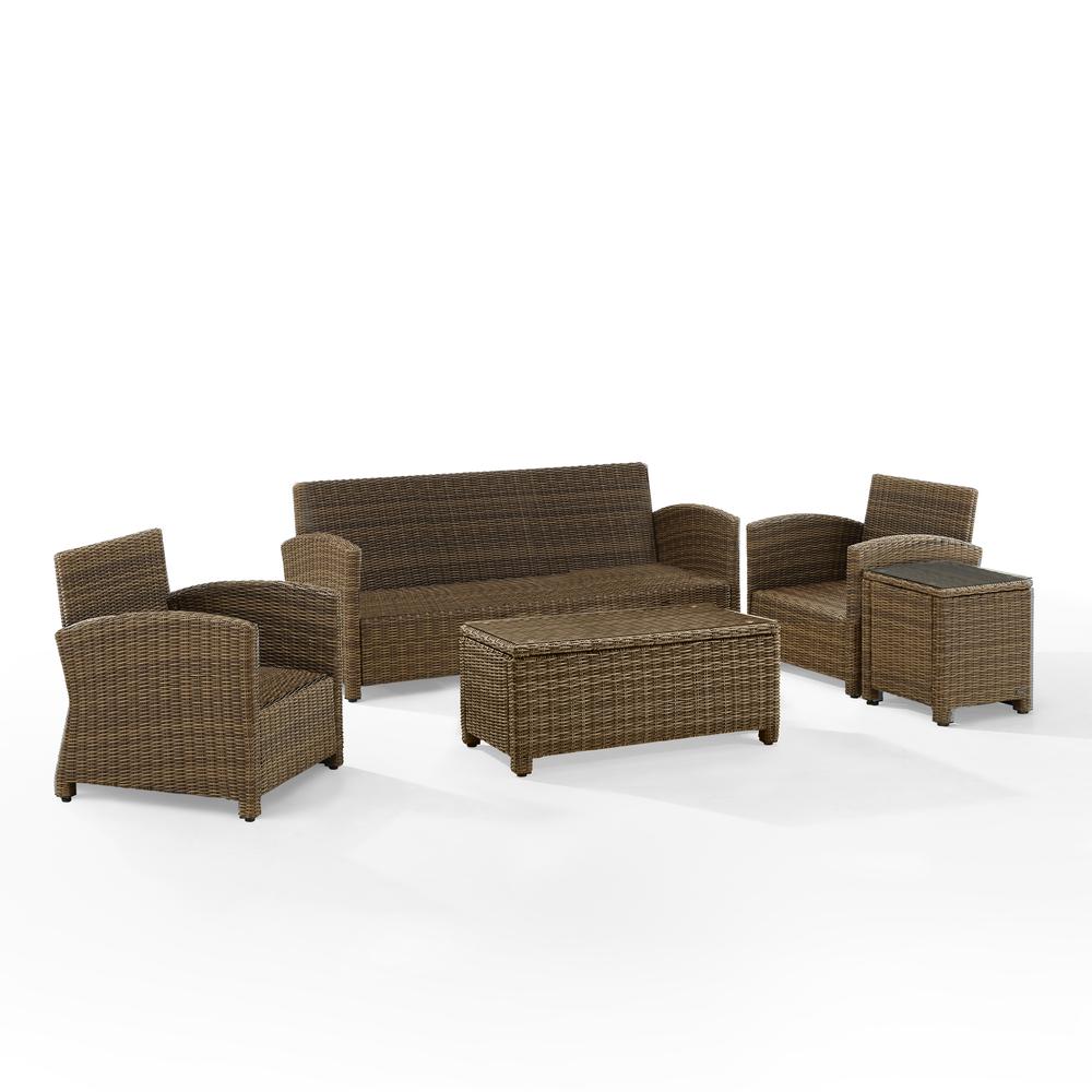 Bradenton 5Pc Outdoor Wicker Sofa Set - Sunbrella White/ Weathered Brown - Sofa, Side Table, Coffee Table, & 2 Armchairs. Picture 5