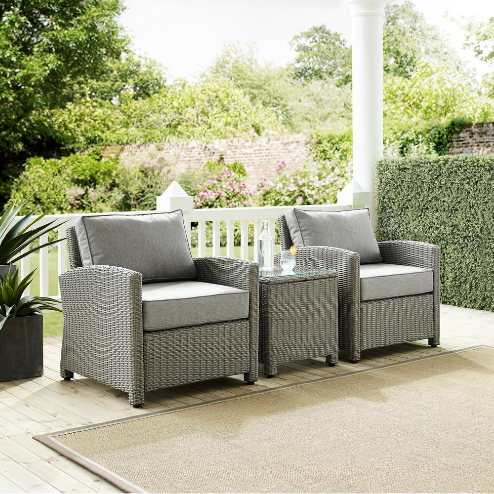 Bradenton 3Pc Outdoor Wicker Armchair Set Gray/Gray - Side Table & 2 Armchairs. Picture 1