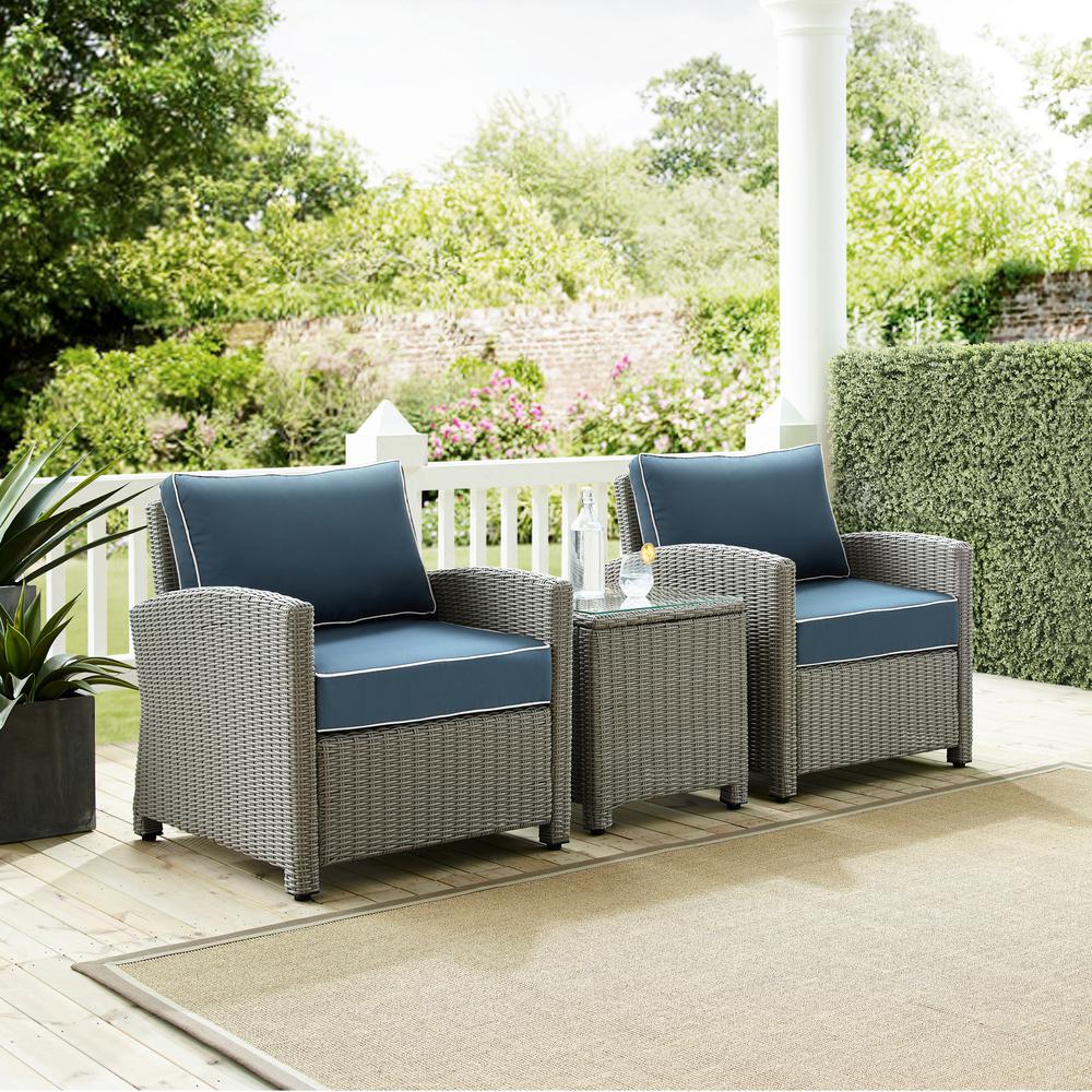 Bradenton 3Pc Outdoor Wicker Armchair Set Navy/Gray - Side Table & 2 Armchairs. Picture 1