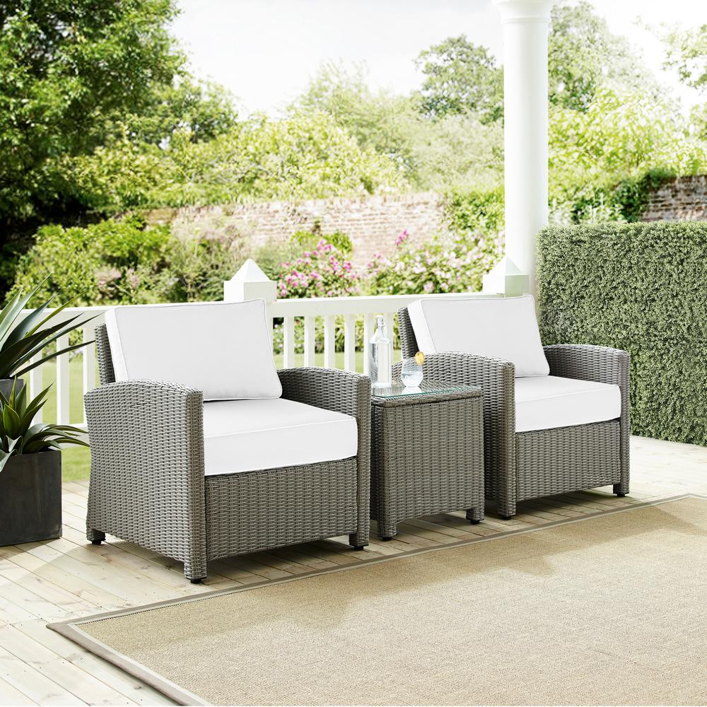 Bradenton 3Pc Outdoor Wicker Armchair Set - Sunbrella White/Gray - Side Table & 2 Armchairs. Picture 1