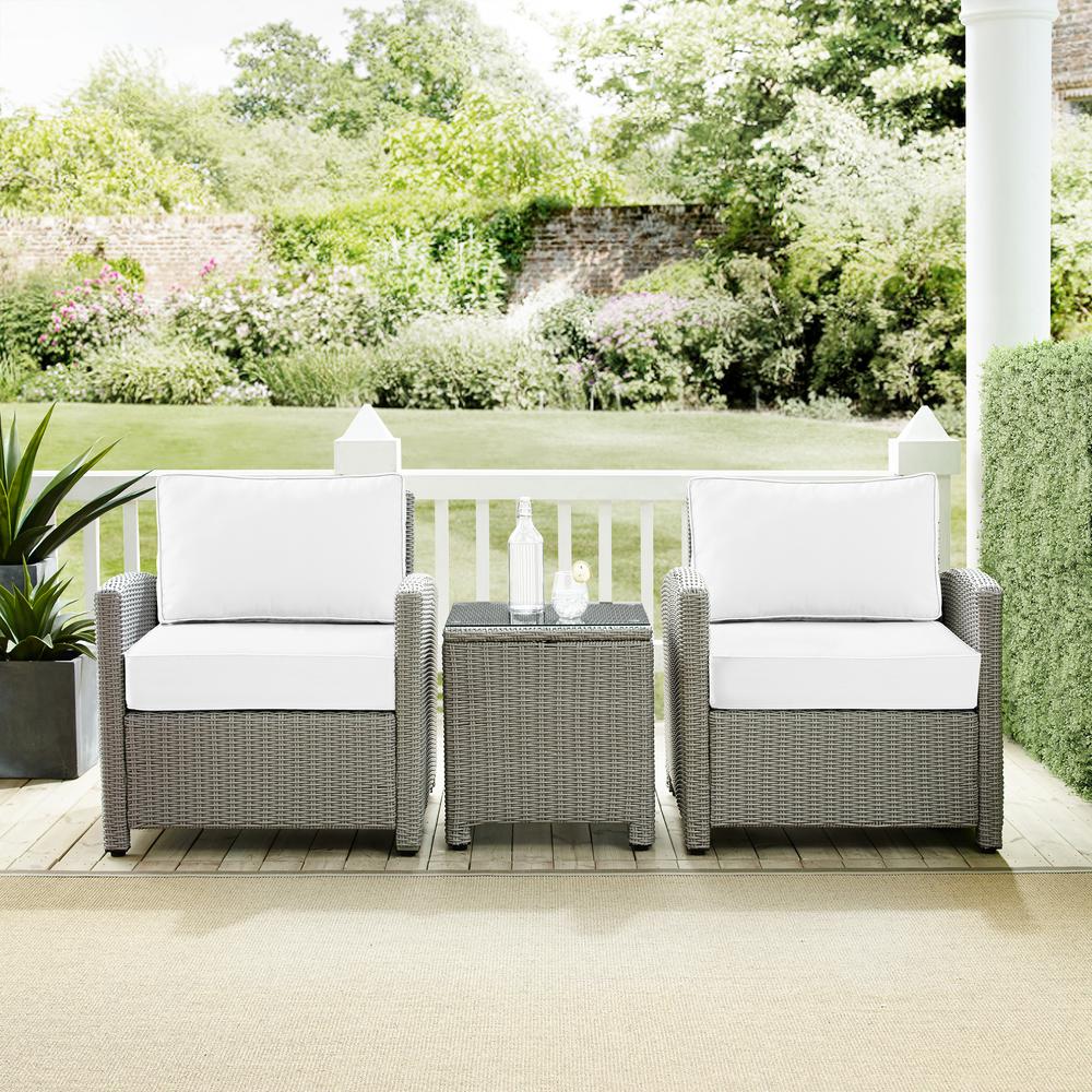 Bradenton 3Pc Outdoor Wicker Armchair Set - Sunbrella White/Gray - Side Table & 2 Armchairs. Picture 2