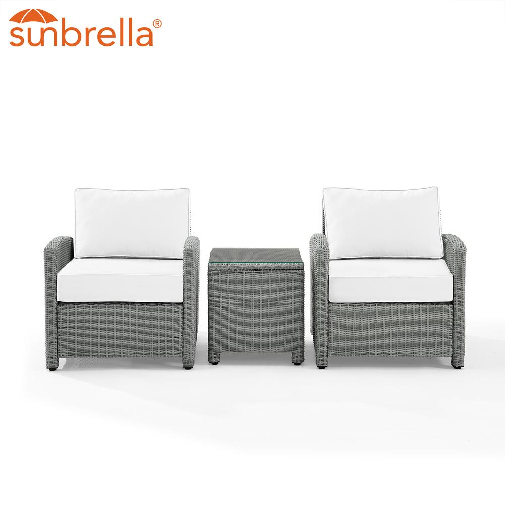 Bradenton 3Pc Outdoor Wicker Armchair Set - Sunbrella White/Gray - Side Table & 2 Armchairs. Picture 7