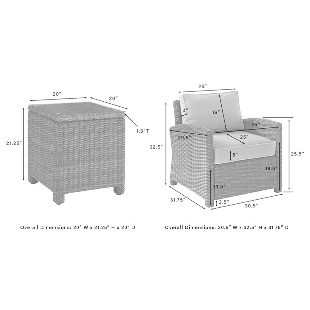 Bradenton 3Pc Outdoor Wicker Armchair Set - Sunbrella White/Gray - Side Table & 2 Armchairs. Picture 13