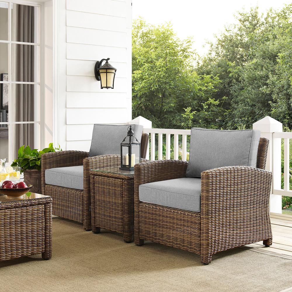 Bradenton 3Pc Outdoor Wicker Armchair Set Gray/Weathered Brown - Side Table & 2 Armchairs. Picture 1