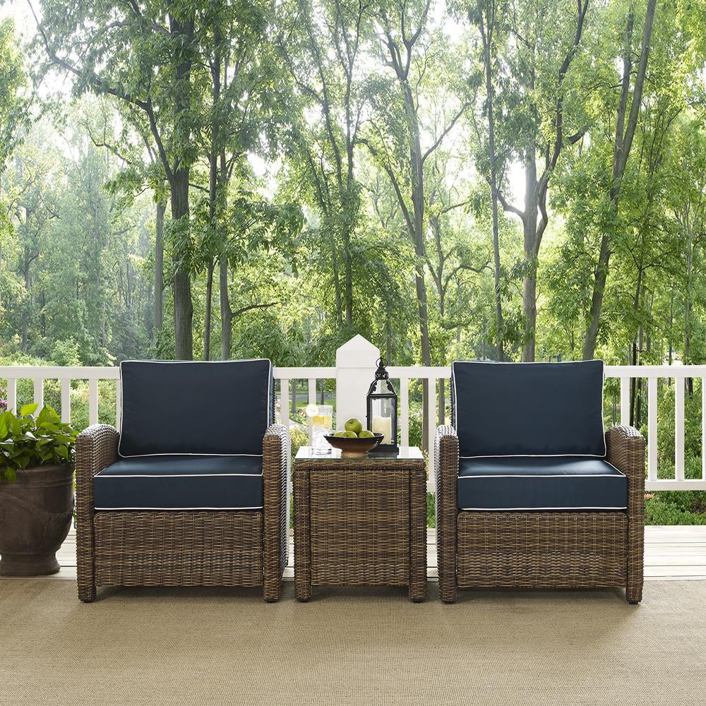 Bradenton 3Pc Outdoor Wicker Conversation Set Navy/Weathered Brown - 2 Arm Chairs, Side Table. Picture 5