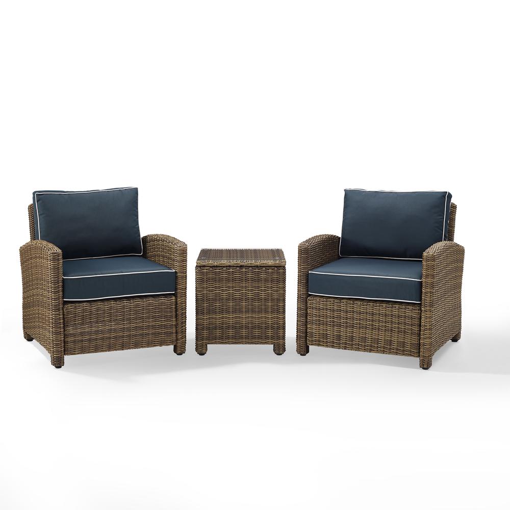 Bradenton 3Pc Outdoor Wicker Conversation Set Navy/Weathered Brown - 2 Arm Chairs, Side Table. Picture 1