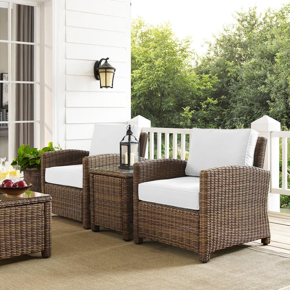 Bradenton 3Pc Outdoor Wicker Armchair Set - Sunbrella White/Weathered Brown - Side Table & 2 Armchairs. Picture 1