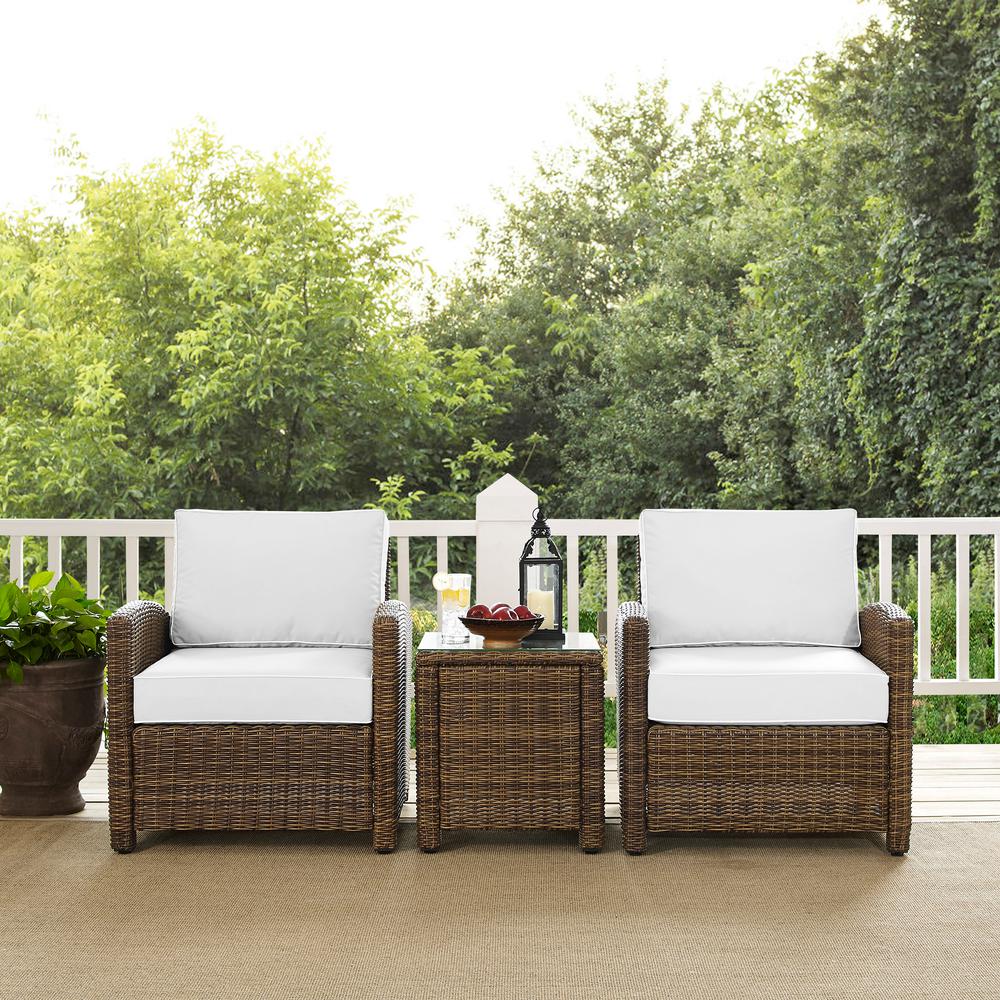 Bradenton 3Pc Outdoor Wicker Armchair Set - Sunbrella White/Weathered Brown - Side Table & 2 Armchairs. Picture 2