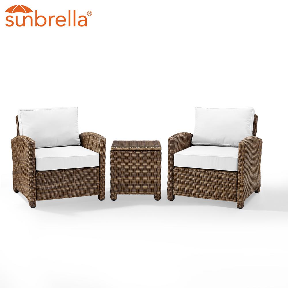 Bradenton 3Pc Outdoor Wicker Armchair Set - Sunbrella White/Weathered Brown - Side Table & 2 Armchairs. Picture 7