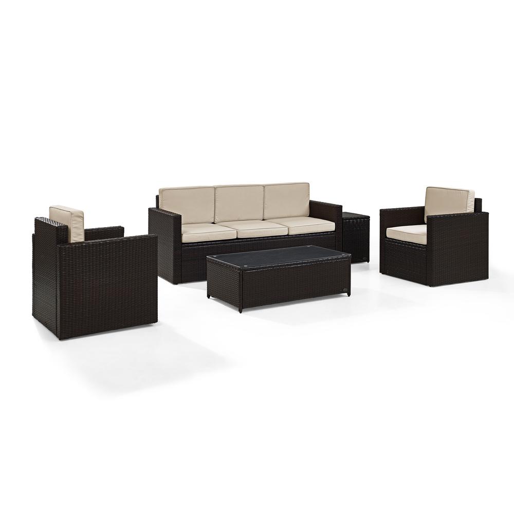 Palm Harbor 5Pc Outdoor Wicker Conversation Set Sand/Brown - Sofa, 2 Arm Chairs, Side Table, Glass Top Table. Picture 1