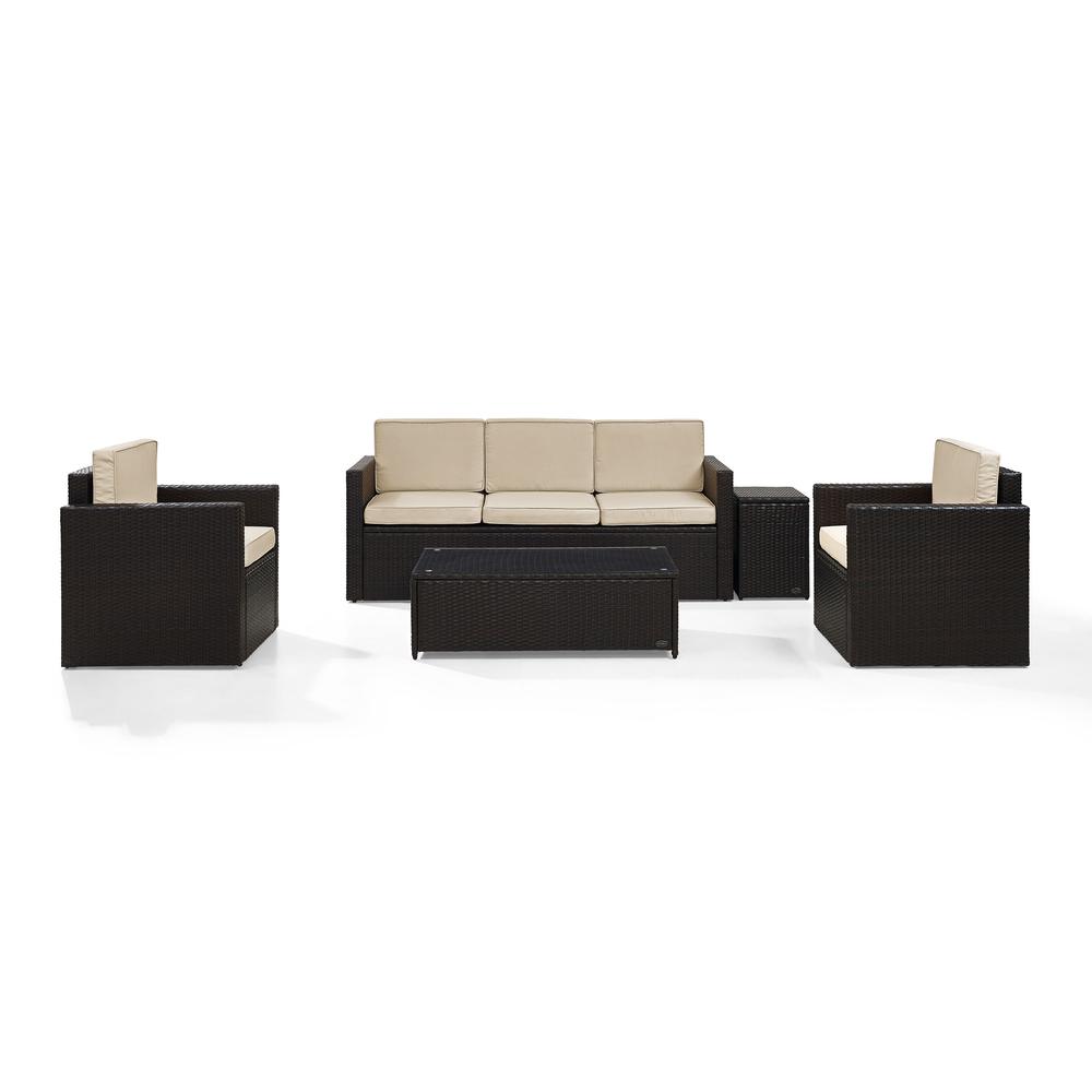 Palm Harbor 5Pc Outdoor Wicker Conversation Set Sand/Brown - Sofa, 2 Arm Chairs, Side Table, Glass Top Table. Picture 4