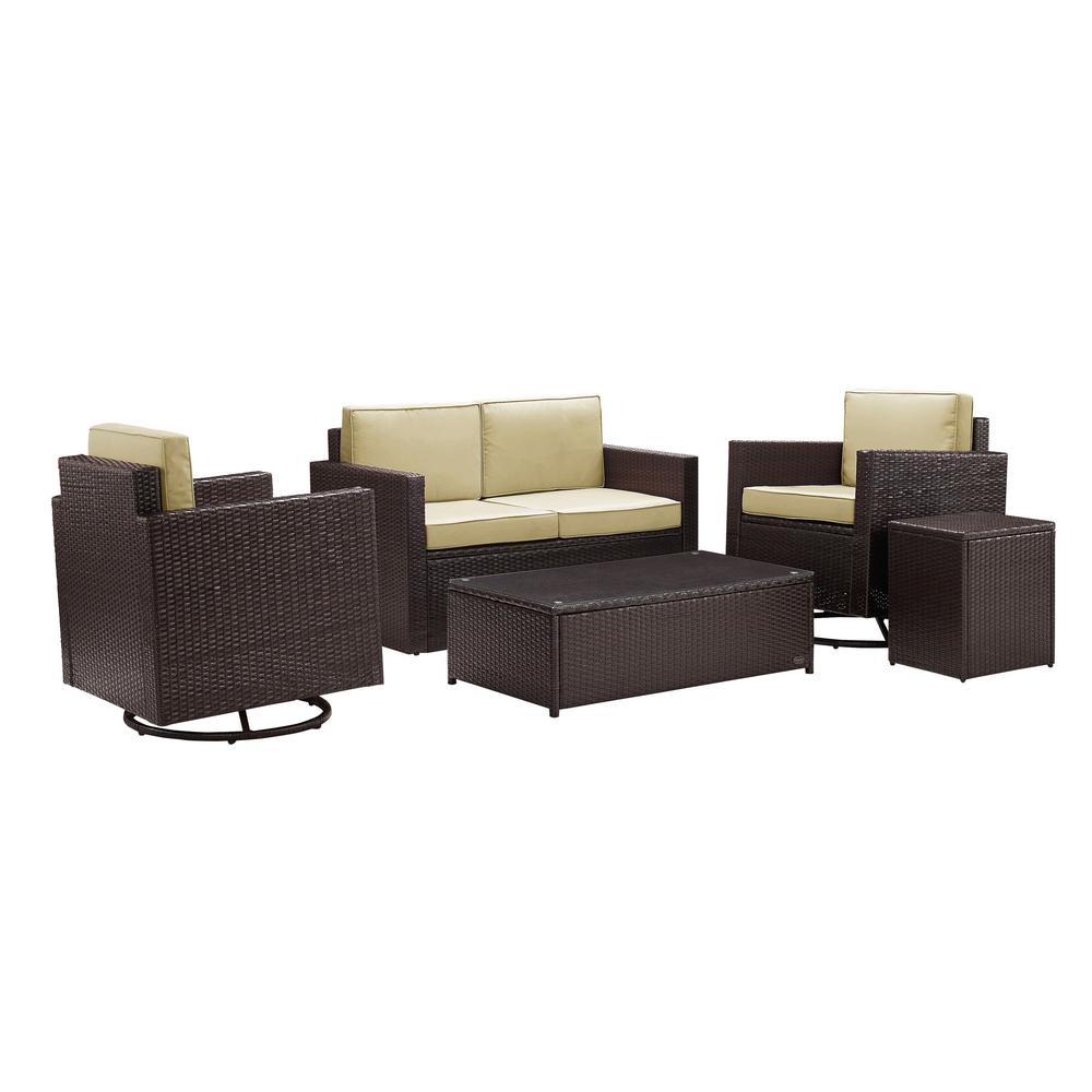 Palm Harbor 5Pc Outdoor Wicker Conversation Set Sand/Brown - Loveseat, Side Table, Coffee Table, & 2 Swivel Chairs. Picture 1