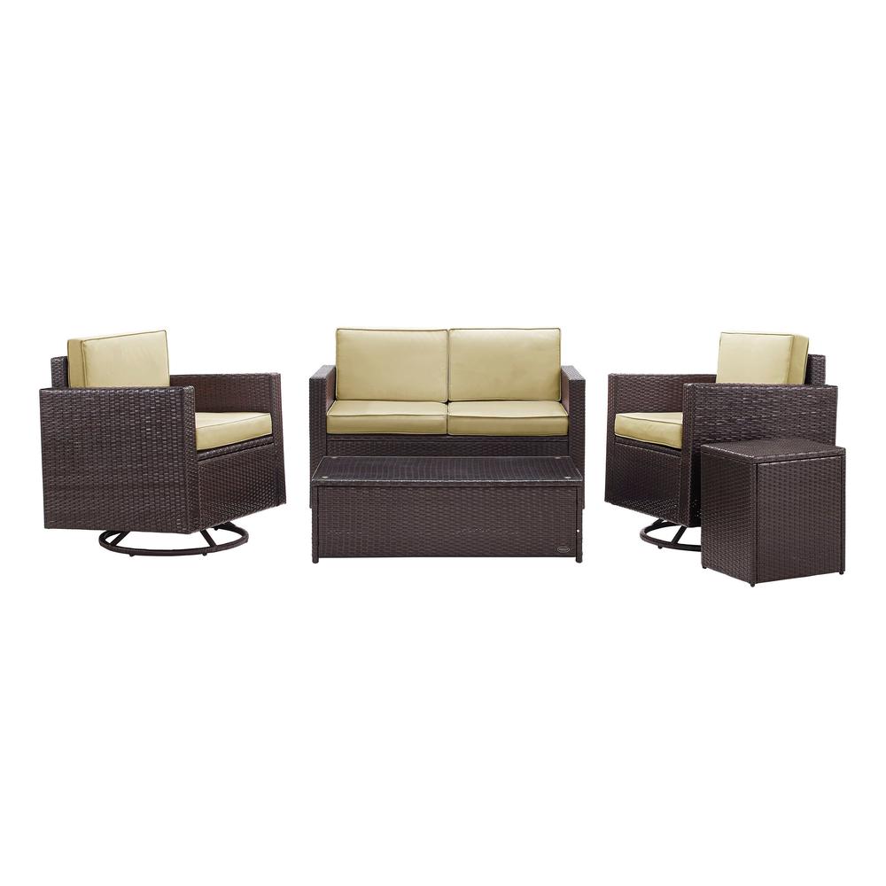 Palm Harbor 5Pc Outdoor Wicker Conversation Set Sand/Brown - Loveseat, Side Table, Coffee Table, & 2 Swivel Chairs. Picture 2