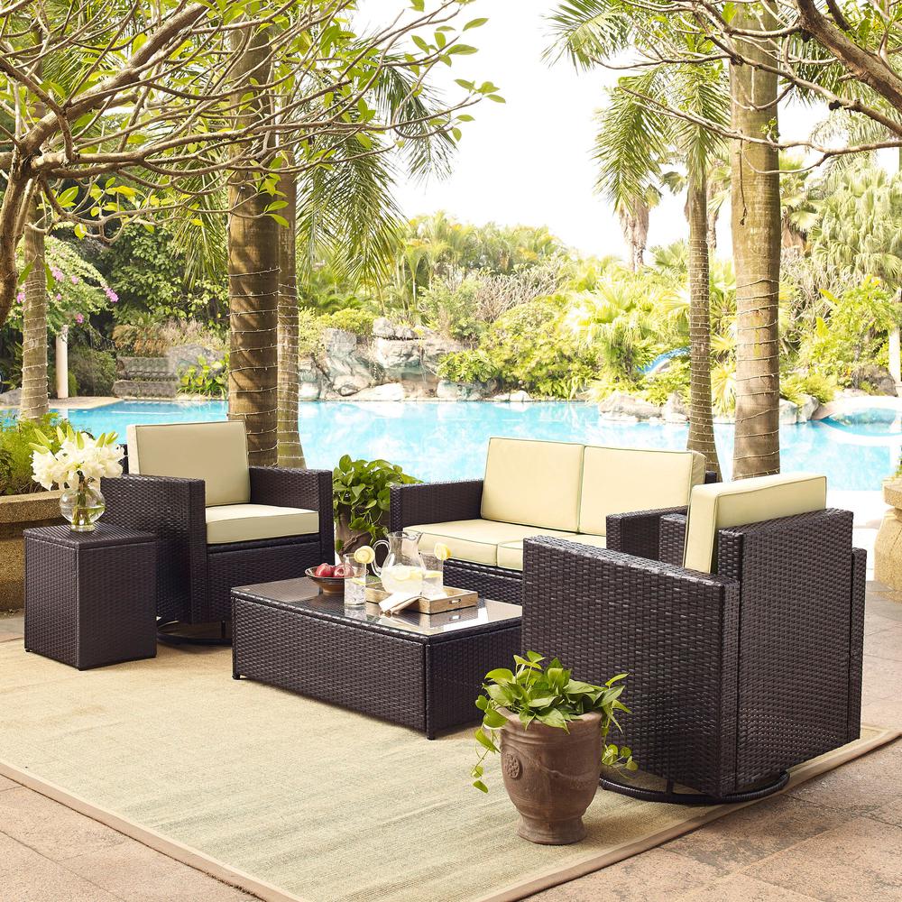 Palm Harbor 5Pc Outdoor Wicker Conversation Set Sand/Brown - Loveseat, Side Table, Coffee Table, & 2 Swivel Chairs. Picture 3