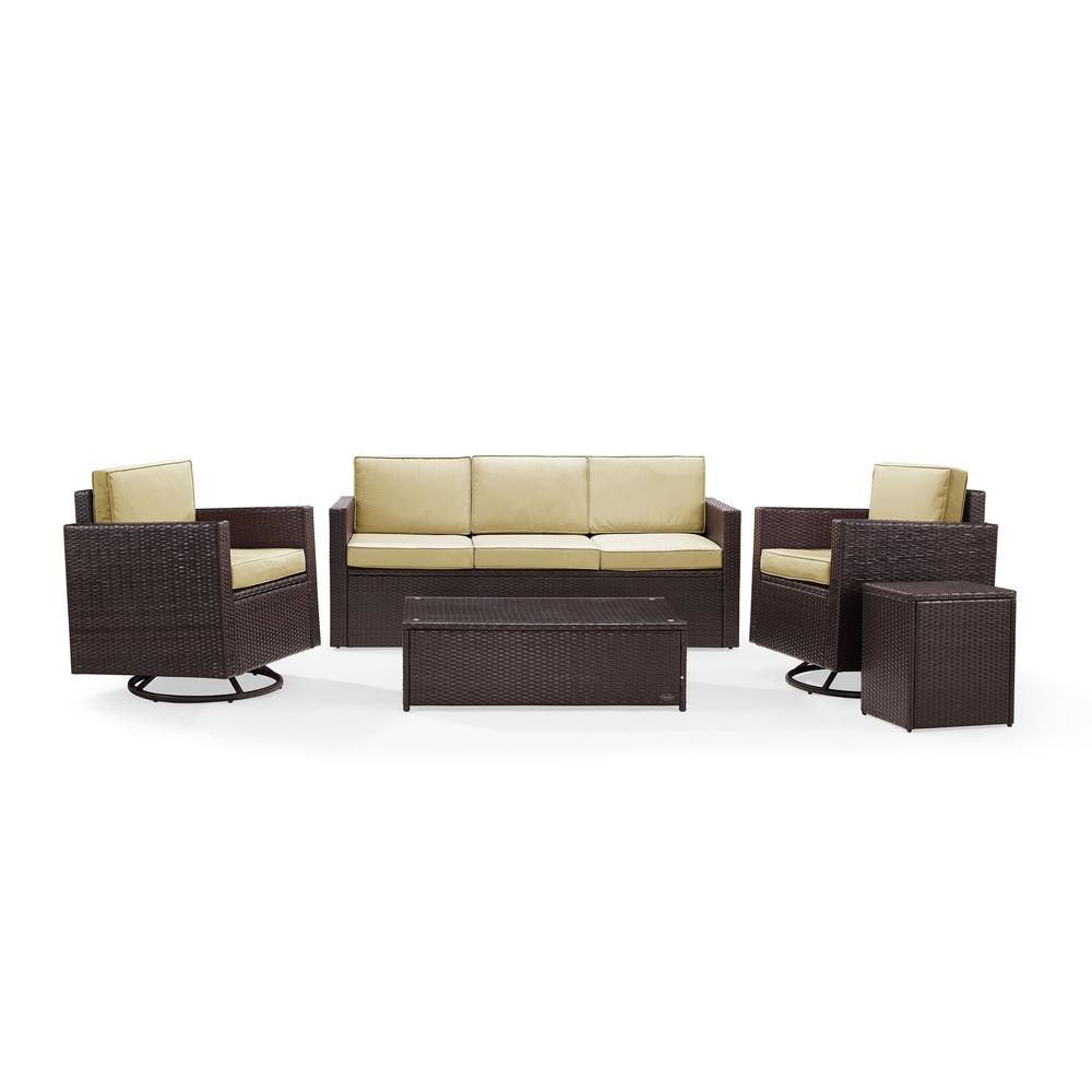 Palm Harbor 5Pc Outdoor Wicker Sofa Set Sand/Brown - Sofa, Side Table, Coffee Table, & 2 Swivel Chairs. Picture 1
