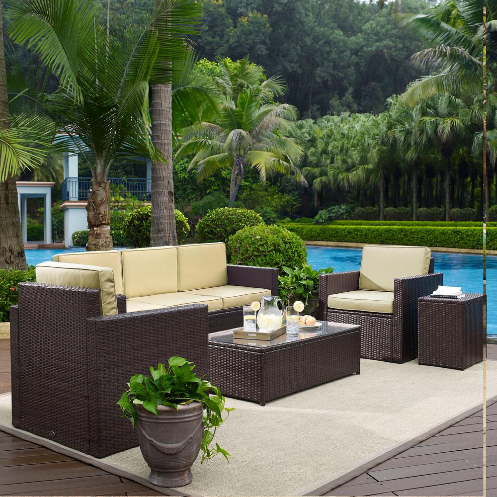 Palm Harbor 5Pc Outdoor Wicker Sofa Set Sand/Brown - Sofa, Side Table, Coffee Table, & 2 Swivel Chairs. Picture 3