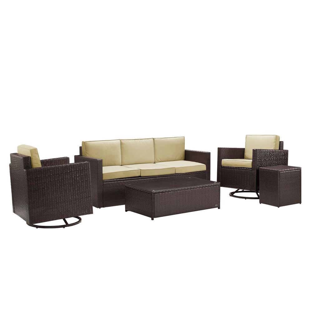 Palm Harbor 5Pc Outdoor Wicker Sofa Set Sand/Brown - Sofa, Side Table, Coffee Table, & 2 Swivel Chairs. Picture 4