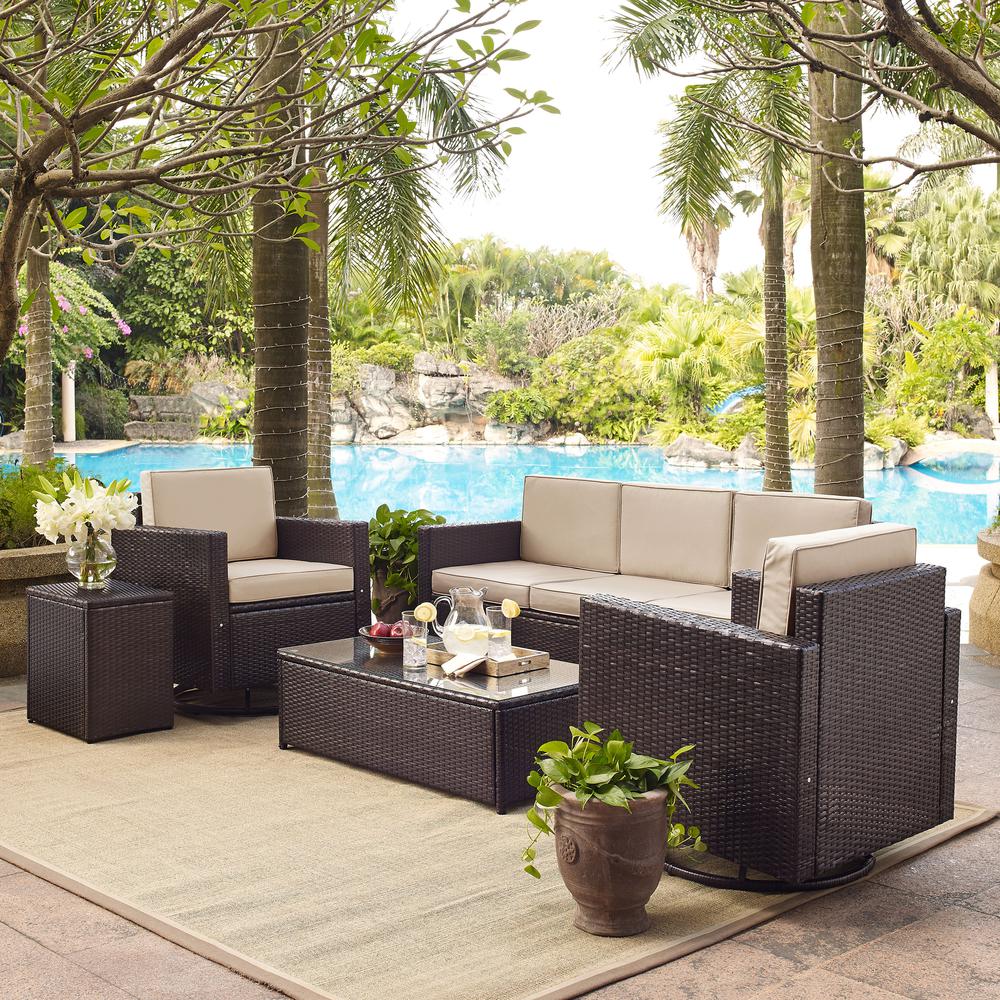 Palm Harbor 5Pc Outdoor Wicker Conversation Set Sand/Brown - Sofa, 2 Swivel Chairs, Side Table, Glass Top Table. The main picture.