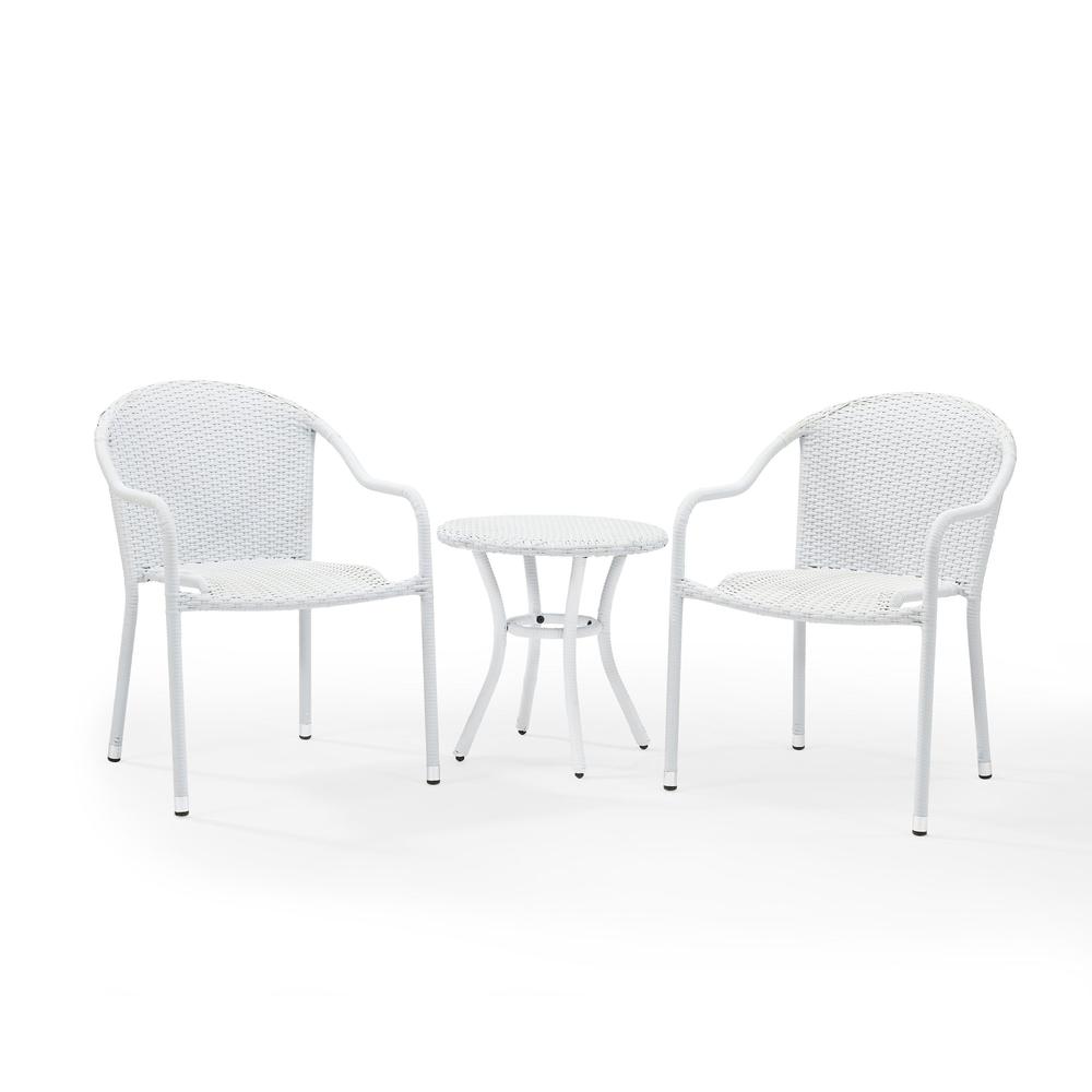 Palm Harbor 3Pc Outdoor Wicker Chair Set White - Round Side Table & 2 Stackable Chairs. Picture 1