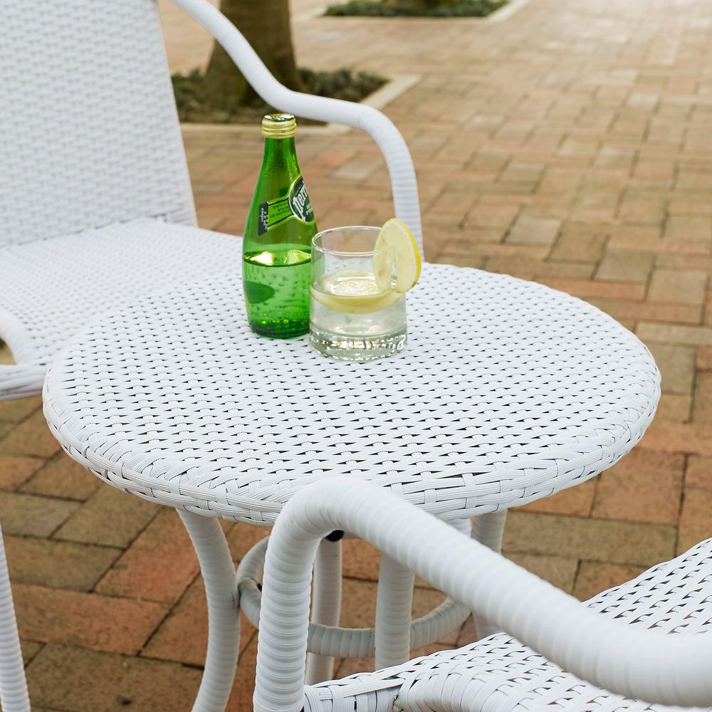 Palm Harbor 3Pc Outdoor Wicker Chair Set White - Round Side Table & 2 Stackable Chairs. Picture 2