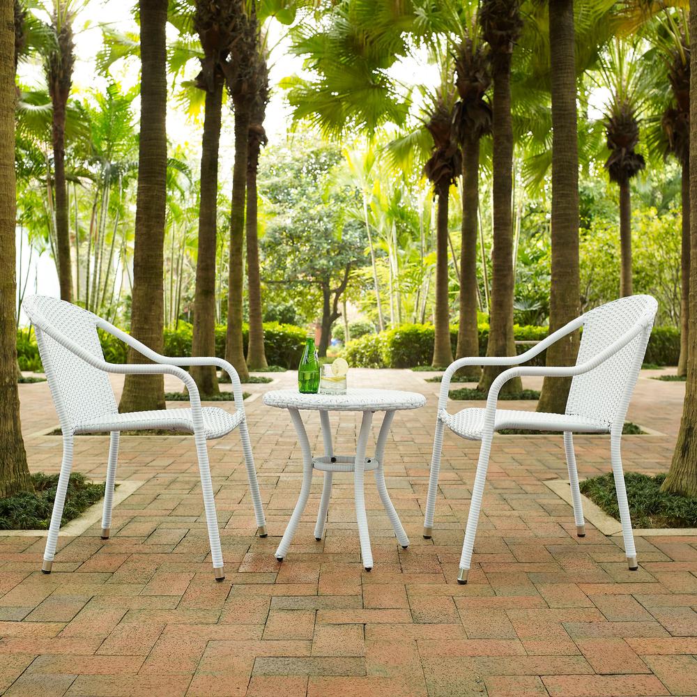 Palm Harbor 3Pc Outdoor Wicker Chair Set White - Round Side Table & 2 Stackable Chairs. Picture 3