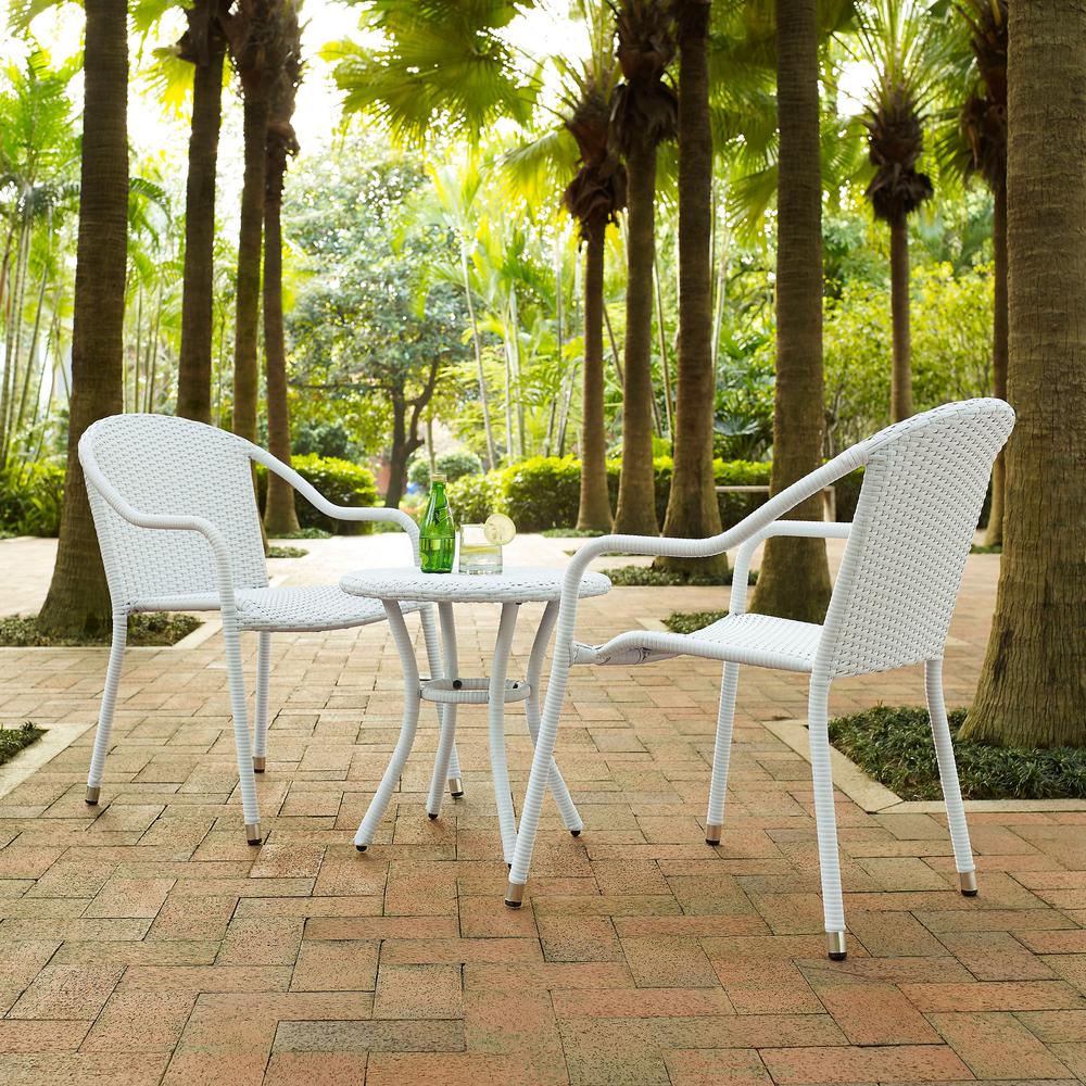 Palm Harbor 3Pc Outdoor Wicker Chair Set White - Round Side Table & 2 Stackable Chairs. Picture 4