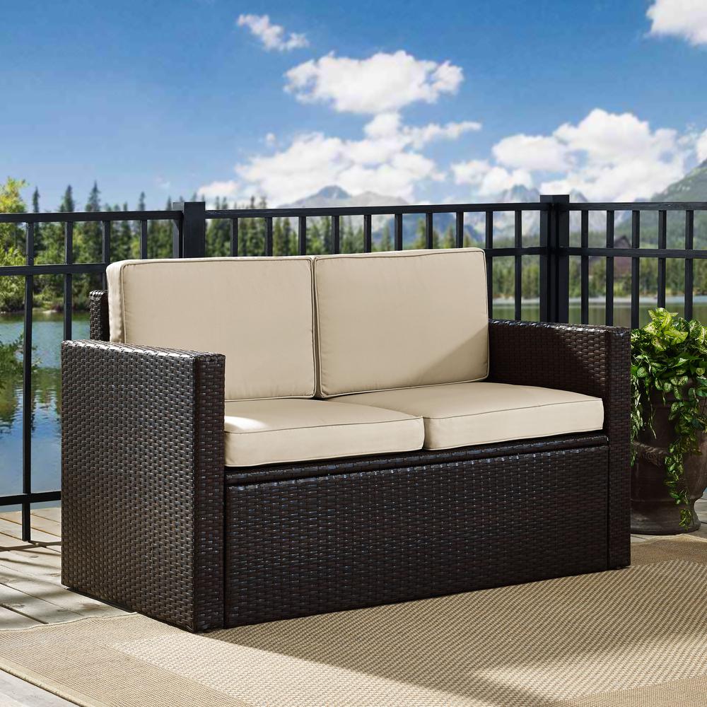 Palm Harbor Outdoor Wicker Loveseat Sand/Brown. Picture 2