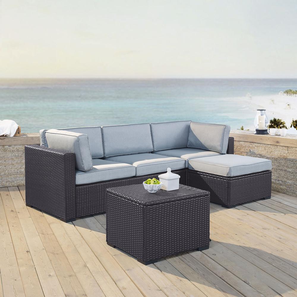 Biscayne 4Pc Outdoor Wicker Sectional Set Mist/Brown - Loveseat, Corner Chair, Ottoman, Coffee Table. Picture 1