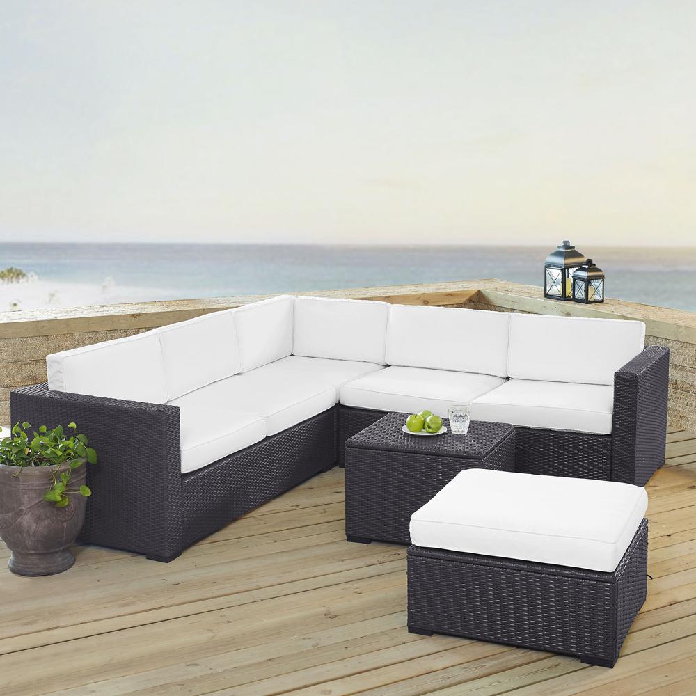 Biscayne 5Pc Outdoor Wicker Sectional Set White/Brown - 2 Loveseats, Corner Chair, Coffee Table, Ottoman. The main picture.