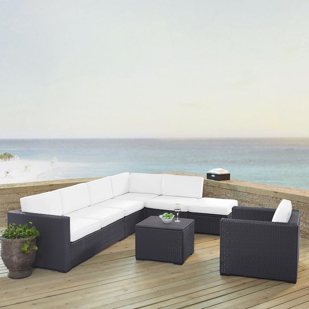 Biscayne 6Pc Outdoor Wicker Sectional Set White/Brown - Armless Chair, Arm Chair, Coffee Table, Ottoman, & 2 Loveseats. Picture 1