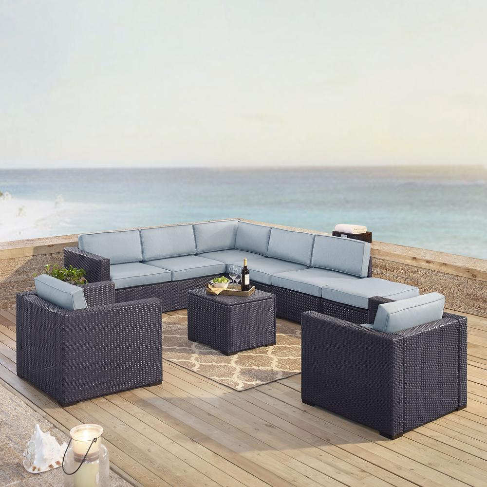 Biscayne 7Pc Outdoor Wicker Sectional Set Mist/Brown - Armless Chair, Coffee Table, Ottoman, 2 Loveseats, & 2 Arm Chairs. Picture 1