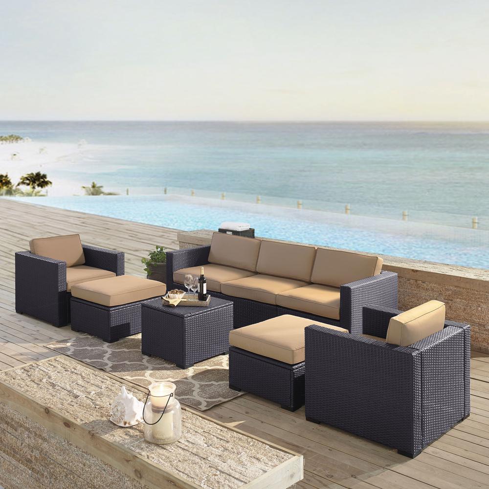 Biscayne 7Pc Outdoor Wicker Sectional Set Mocha/Brown - Loveseat, Corner Chair, Coffee Table, 2 Arm Chairs, & 2 Ottomans. Picture 1