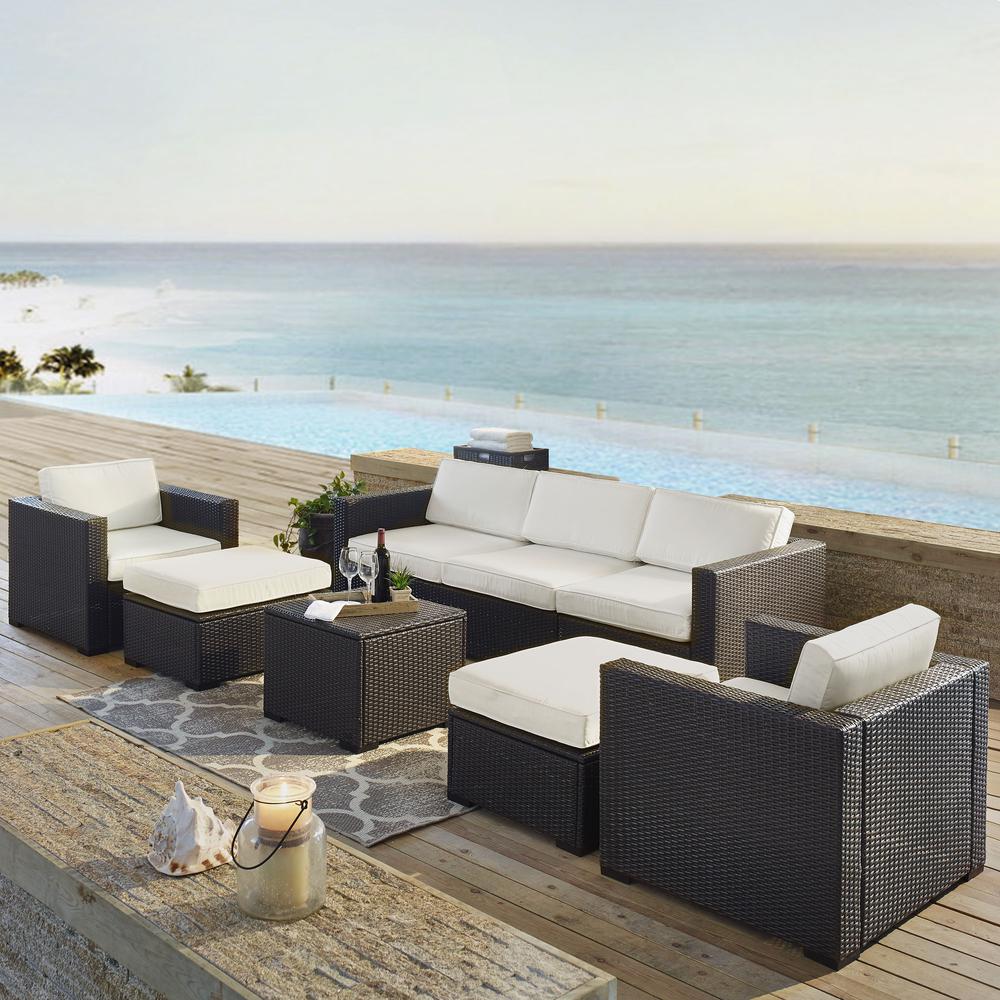 Biscayne 7Pc Outdoor Wicker Sectional Set White/Brown - Loveseat, 2 Arm Chairs, Corner Chair, Coffee Table, 2 Ottomans. Picture 1