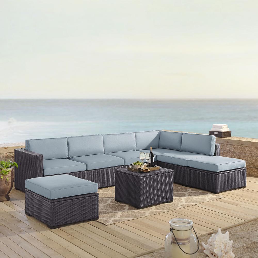 Biscayne 6Pc Outdoor Wicker Sectional Set Mist/Brown - Armless Chair, Coffee Table, 2 Loveseats, & 2 Ottomans. Picture 1