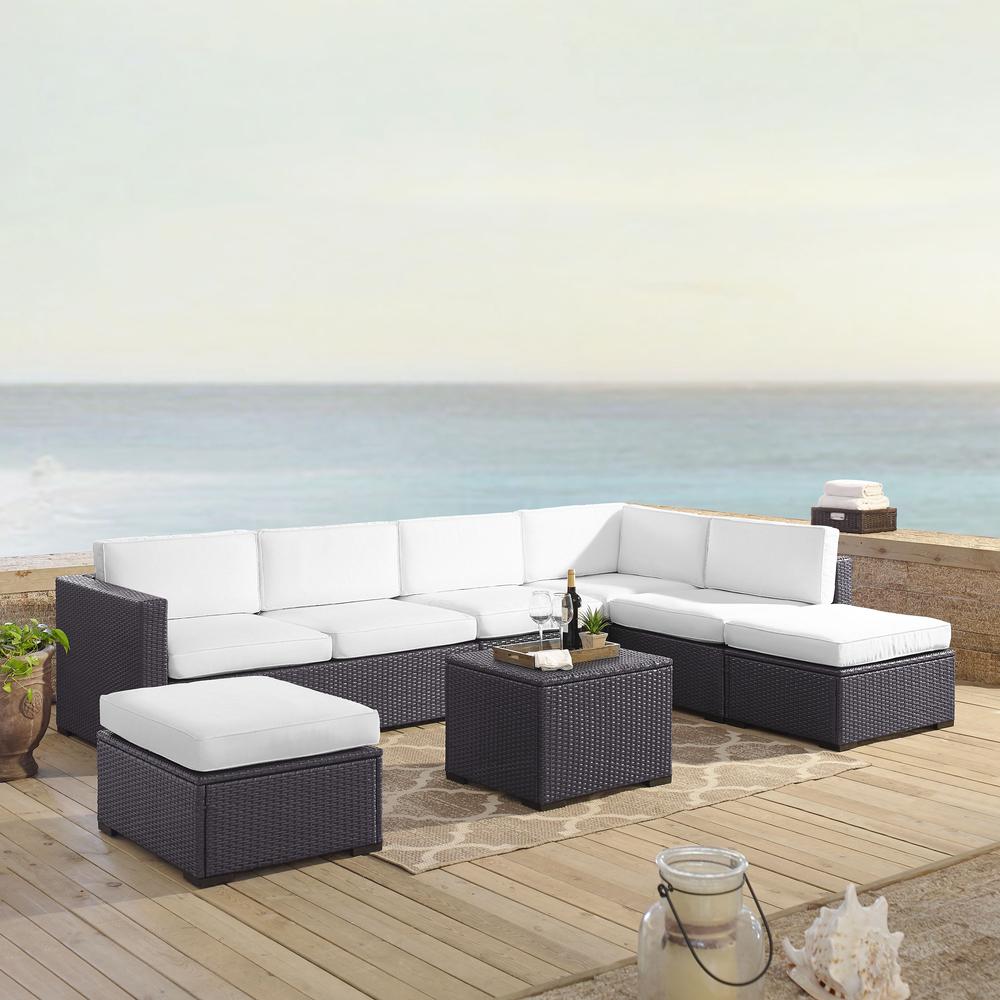 Biscayne 6Pc Outdoor Wicker Sectional Set White/Brown - 2 Loveseats,  Armless Chair, Coffee Table, 2 Ottomans. The main picture.