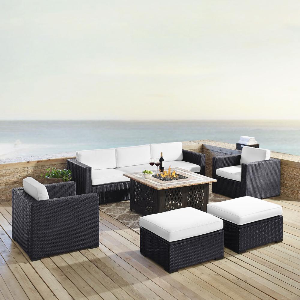 Biscayne 7Pc Outdoor Wicker Sectional Set W/Fire Table White/Brown - Loveseat, Corner Chair, 2 Arm Chairs, 2 Ottomans, Tucson Firetable. Picture 1