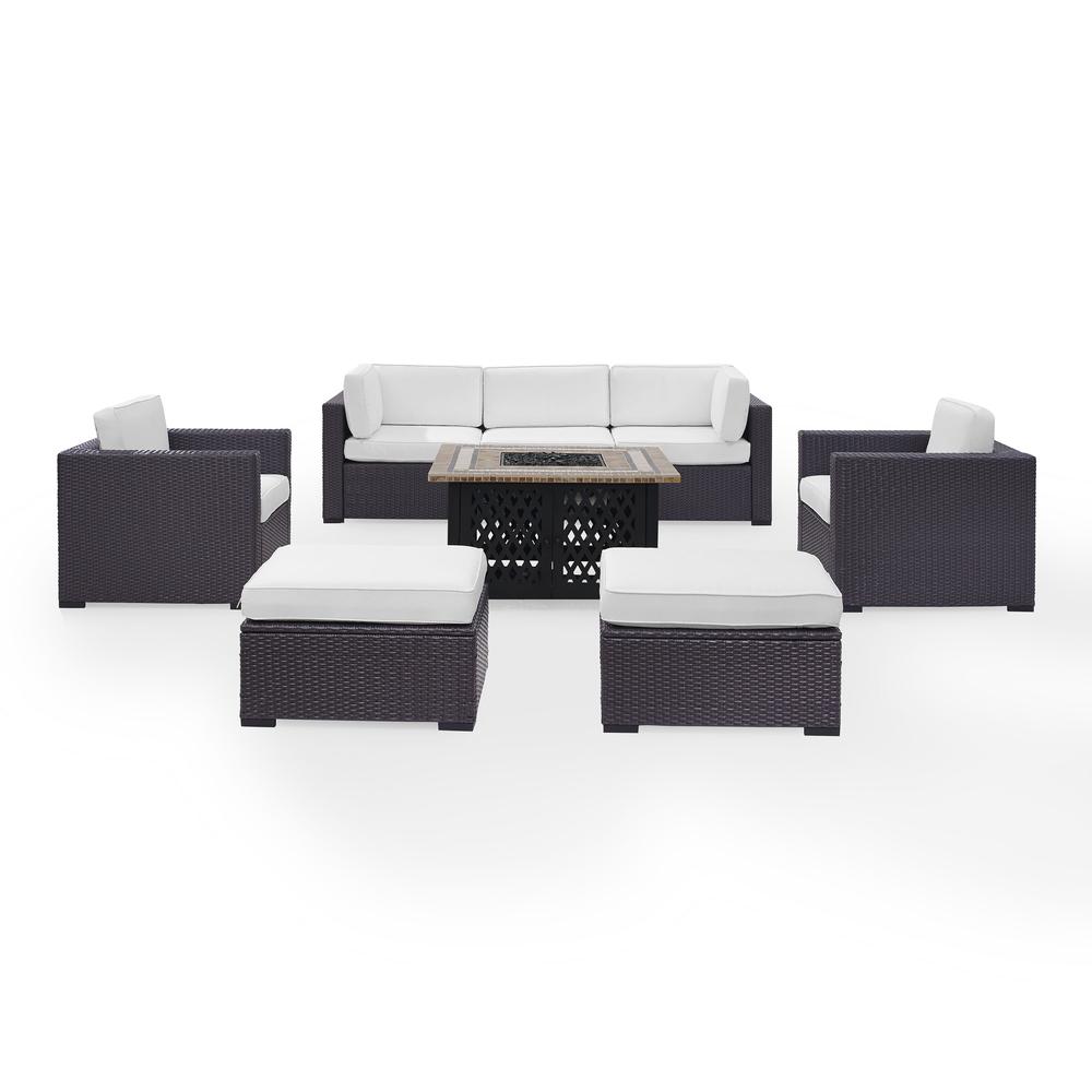 Biscayne 7Pc Outdoor Wicker Sectional Set W/Fire Table White/Brown - Loveseat, Corner Chair, 2 Arm Chairs, 2 Ottomans, Tucson Firetable. Picture 2