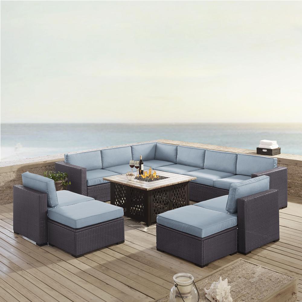 Biscayne 8Pc Outdoor Wicker Sectional Set W/Fire Table Mist/Brown - 3 Loveseats, 2 Armless Chairs, 2 Ottomans, & Tucson Fire Table. Picture 1