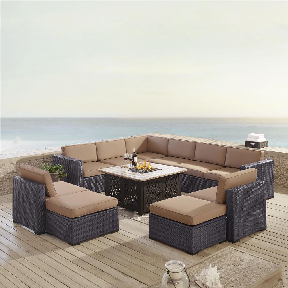 Biscayne 8Pc Outdoor Wicker Sectional Set W/Fire Table Mocha/Brown - 3 Loveseats, 2 Armless Chairs, 2 Ottomans, Tucson Firetable. Picture 1