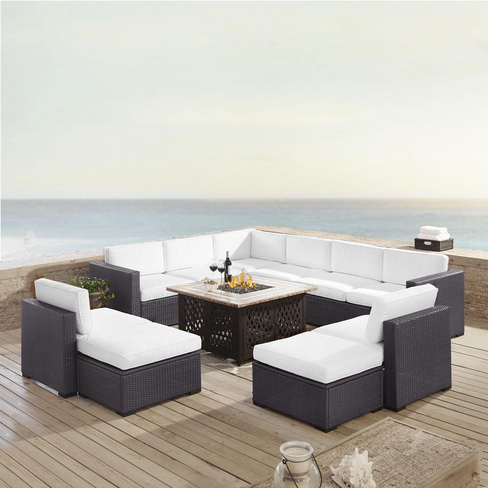 Biscayne 8Pc Outdoor Wicker Sectional Set W/Fire Table White/Brown - 3 Loveseats, 2 Armless Chairs, 2 Ottomans, & Tucson Fire Table. Picture 1