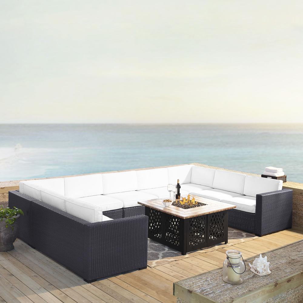 Biscayne 6Pc Outdoor Wicker Sectional Set W/Fire Table White/Brown - Armless Chair, Tucson Fire Table, & 4 Loveseats. Picture 1