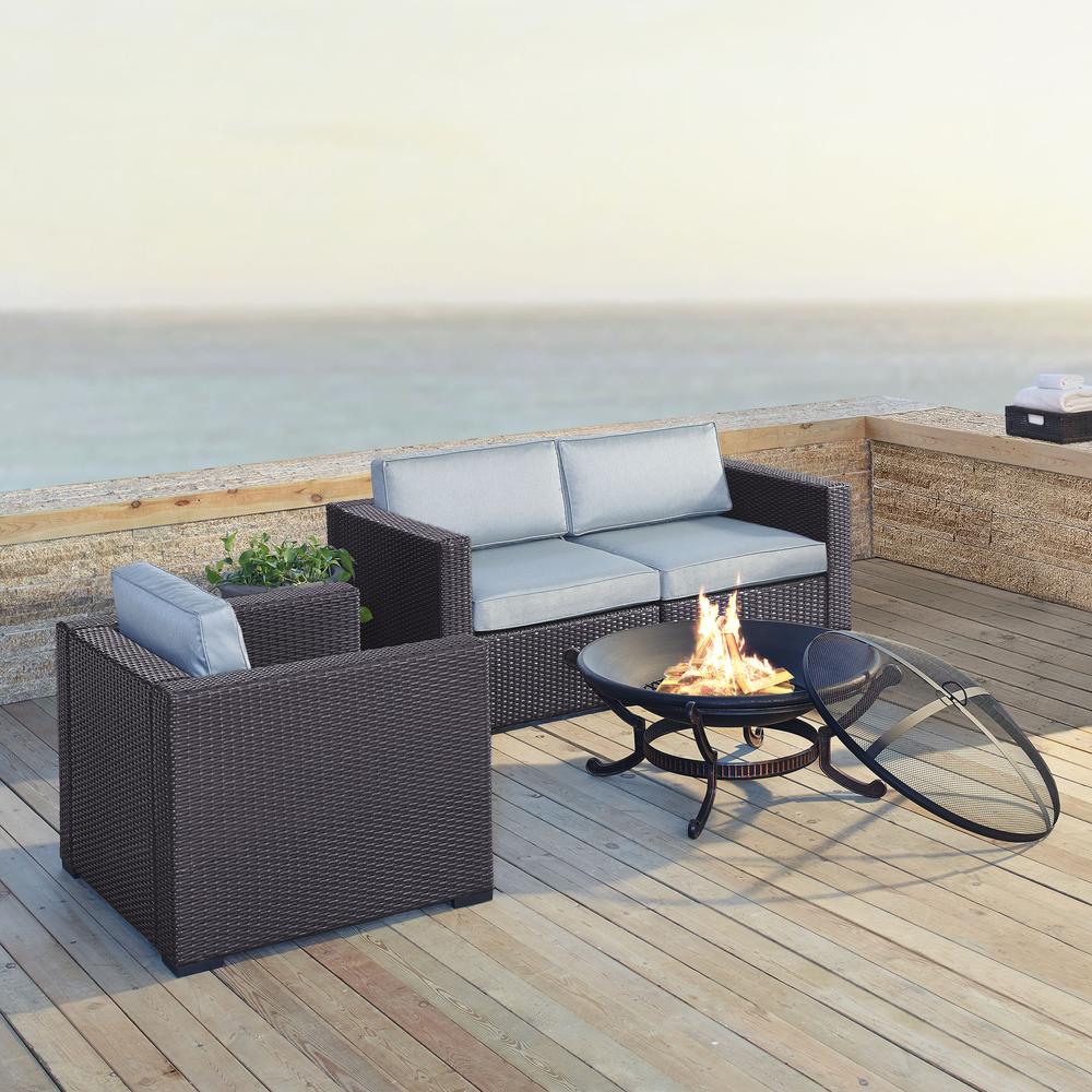 Biscayne 4Pc Outdoor Wicker Conversation Set W/Fire Pit Mist/Brown - Armchair, Ashland Firepit, & 2 Corner Chairs. Picture 1