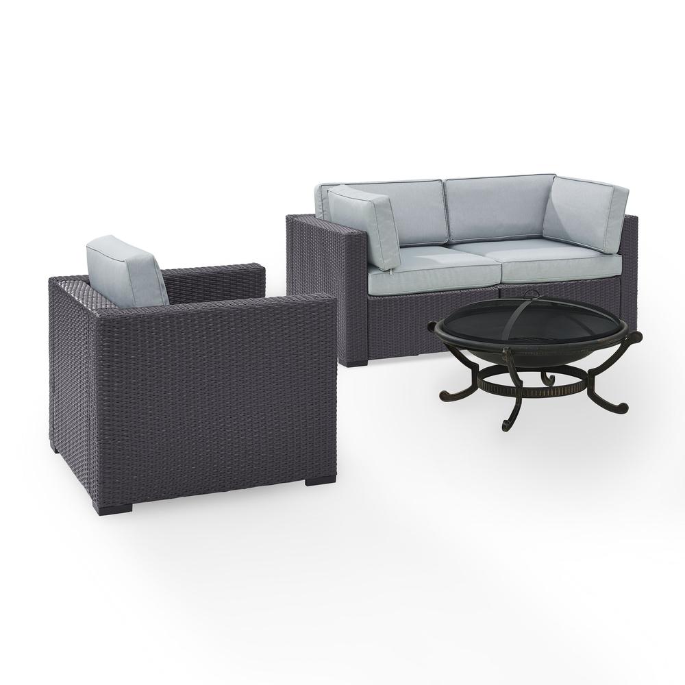 Biscayne 4Pc Outdoor Wicker Conversation Set W/Fire Pit Mist/Brown - Armchair, Ashland Firepit, & 2 Corner Chairs. Picture 3