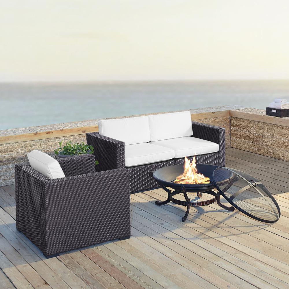 Biscayne 4Pc Outdoor Wicker Sectional Set W/Fire Pit White/Brown - 2 Corner Chairs, Arm Chair, Ashland Firepit. Picture 1