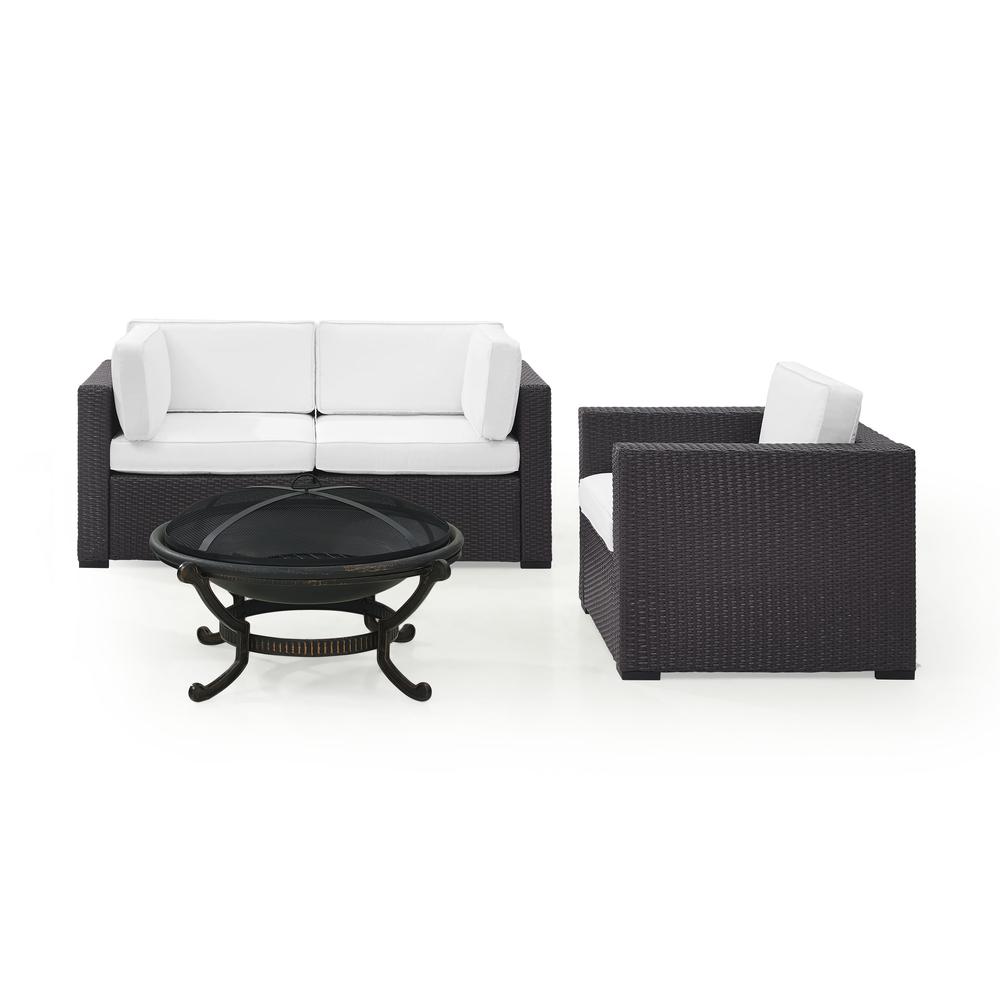 Biscayne 4Pc Outdoor Wicker Conversation Set W/Fire Pit White/Brown - Armchair, Ashland Firepit, & 2 Corner Chairs. Picture 2