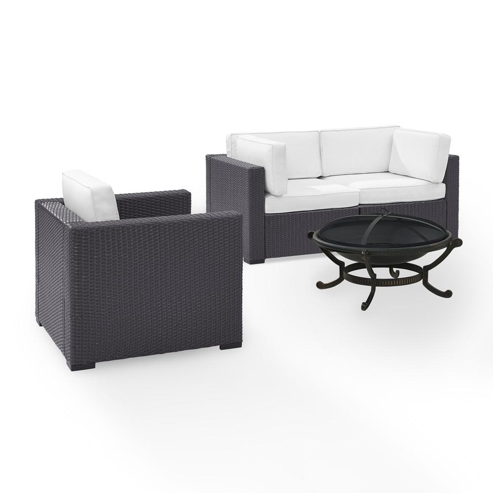 Biscayne 4Pc Outdoor Wicker Conversation Set W/Fire Pit White/Brown - Armchair, Ashland Firepit, & 2 Corner Chairs. Picture 3