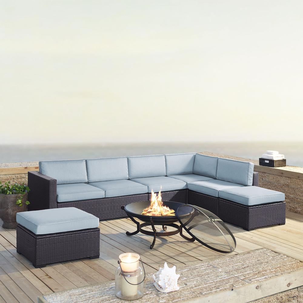 Biscayne 6Pc  Outdoor Wicker Sectional Set W/Fire Pit Mist/Brown - Ashland Firepit, 2 Loveseats,  Armless Chair, & 2 Ottomans. Picture 1