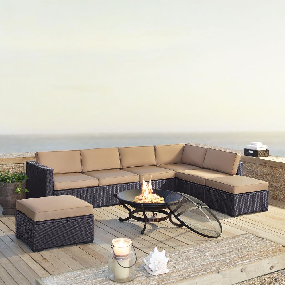 Biscayne 6Pc  Outdoor Wicker Sectional Set W/Fire Pit Mocha/Brown - 2 Loveseats,  Armless Chair, 2 Ottomans, Ashland Firepit. The main picture.
