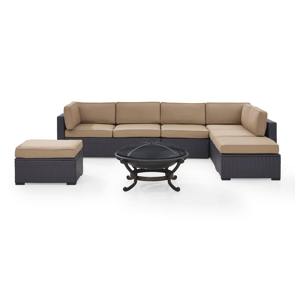 Biscayne 6Pc  Outdoor Wicker Sectional Set W/Fire Pit Mocha/Brown - 2 Loveseats,  Armless Chair, 2 Ottomans, Ashland Firepit. Picture 2